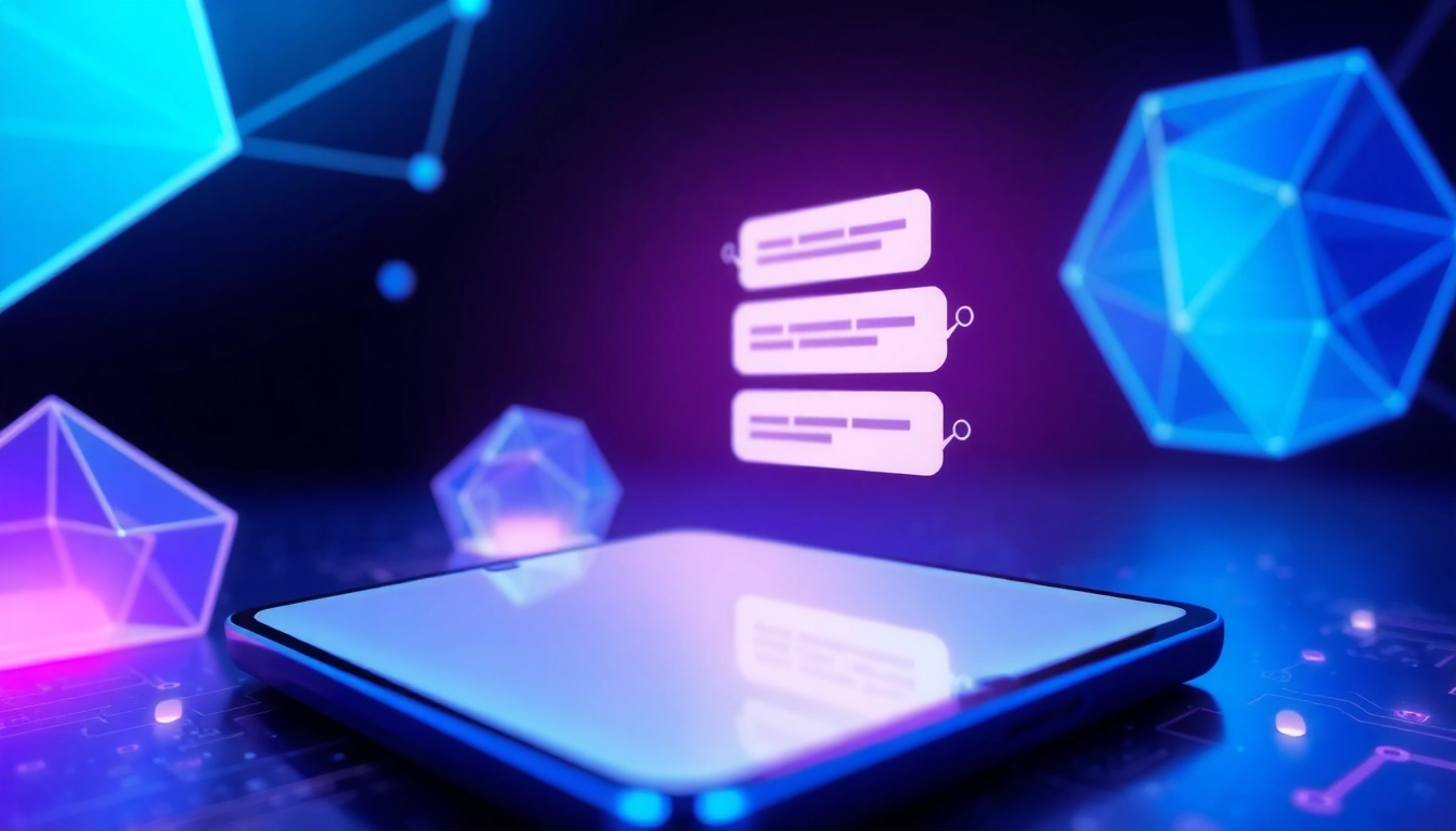 Futuristic AI chatbot interface on a sleek device screen with glowing geometric shapes and digital textures.