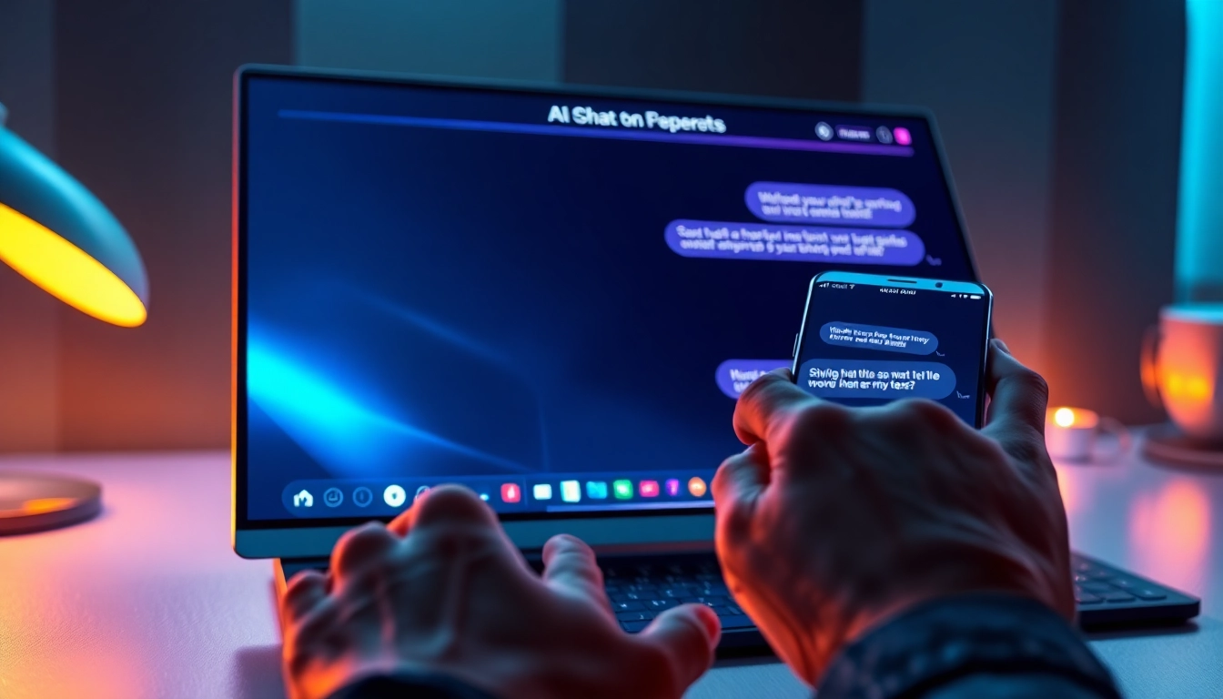 A futuristic AI chatbot interface on a sleek screen with neon accents, glowing softly in a dark, modern setting.