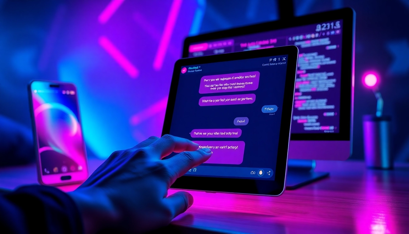 A futuristic digital scene of a chatbot interface on devices with neon colors and suggestive conversation snippets.