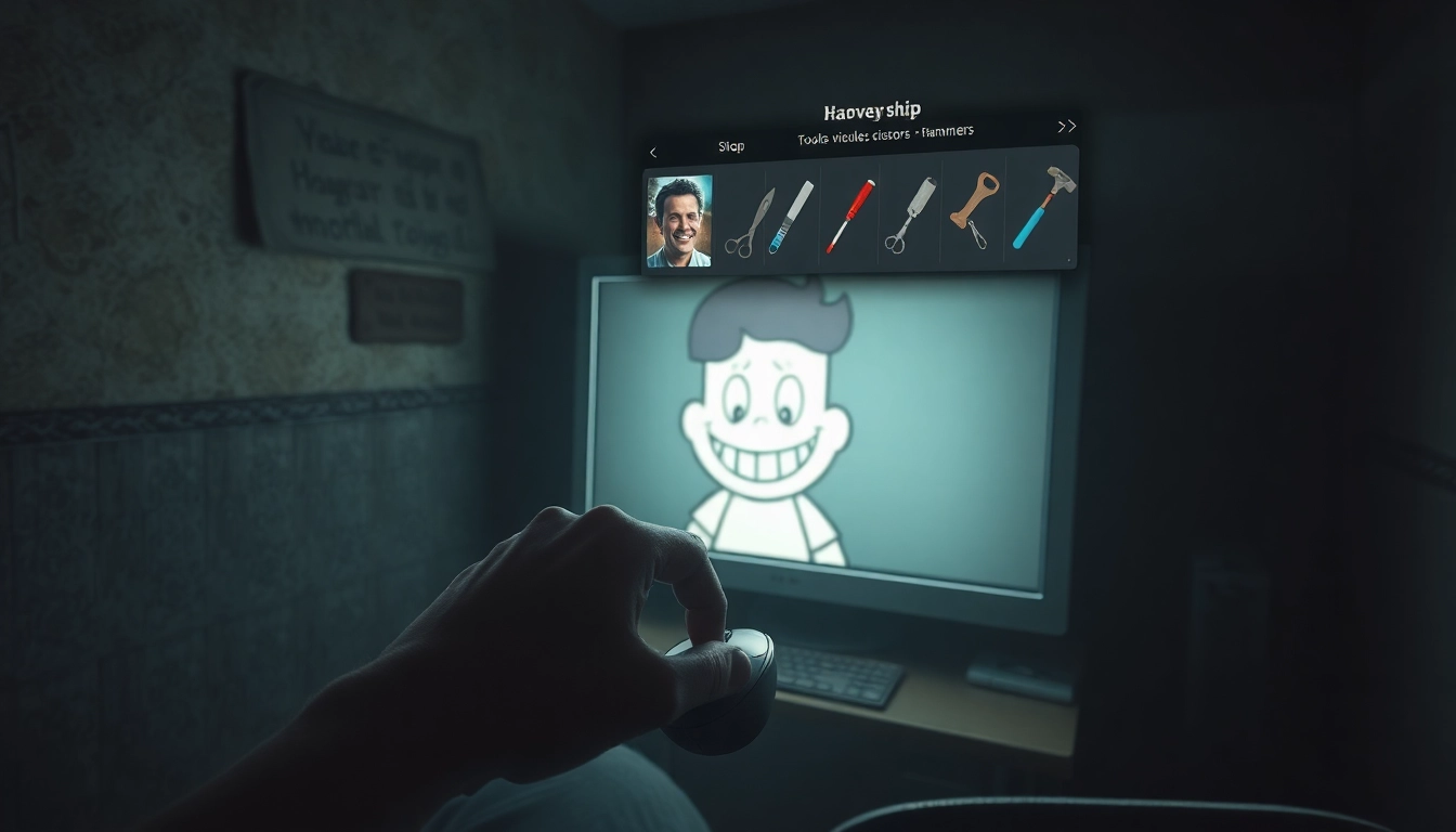A disturbing scene of a computer screen showing Harvey in pain with violent tools displayed, set in a grim room with shadows and tension.