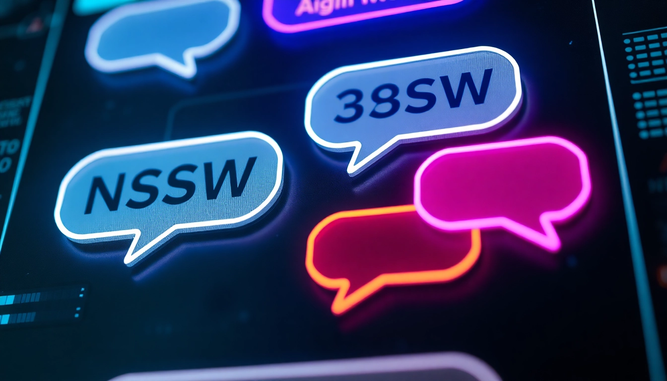 Engaging NSFW ai chat interface with vibrant neon elements, highlighting unfiltered digital intimacy, showcasing realistic AI conversations.