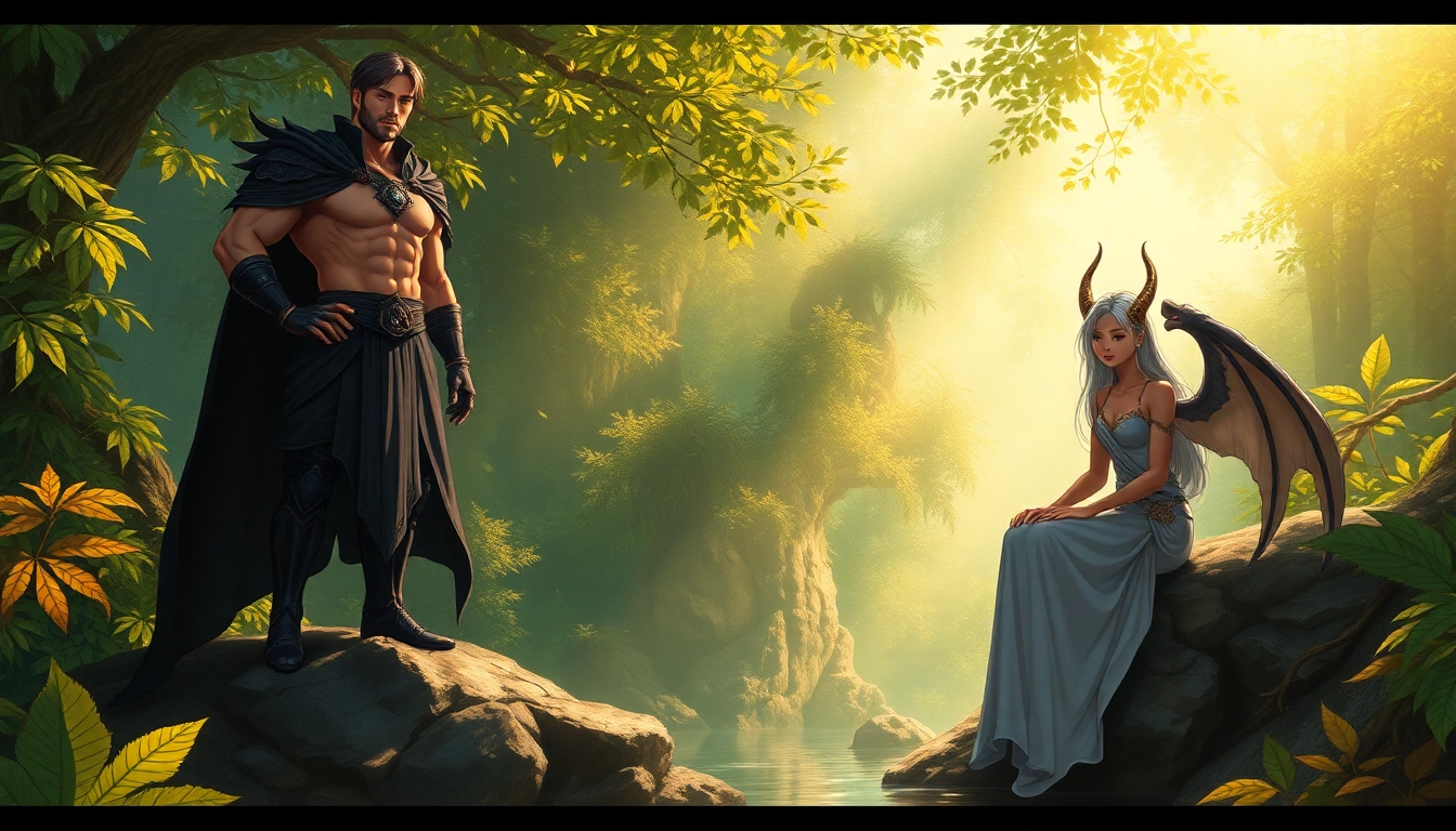 Fantasy scene of an alpha and omega in a lush forest setting with vibrant colors and dramatic lighting.