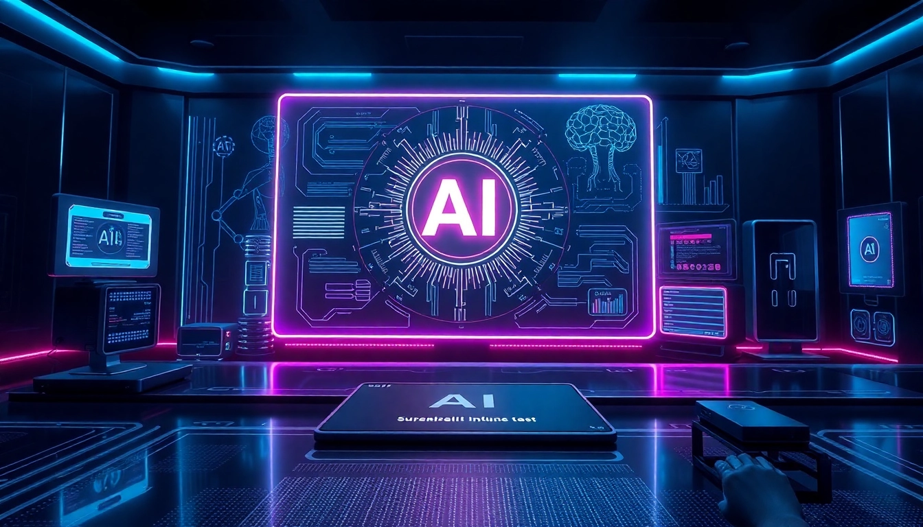 Futuristic AI interface with holographic data streams in a high-tech control room.