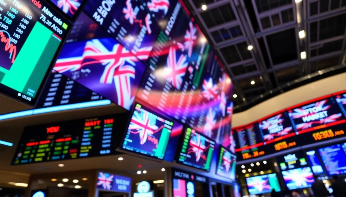 Professionals analyzing UK Stock Market News on digital screens in a busy trading environment