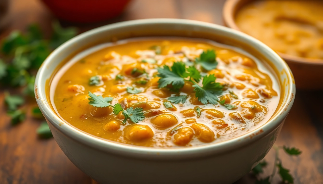 Delicious ready to eat Gujarati Dal served in an attractive bowl with fresh herbs, highlighting