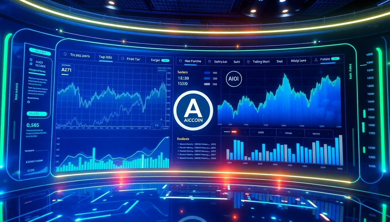 Aicoin market analysis with real-time data visuals and AI technology representation for